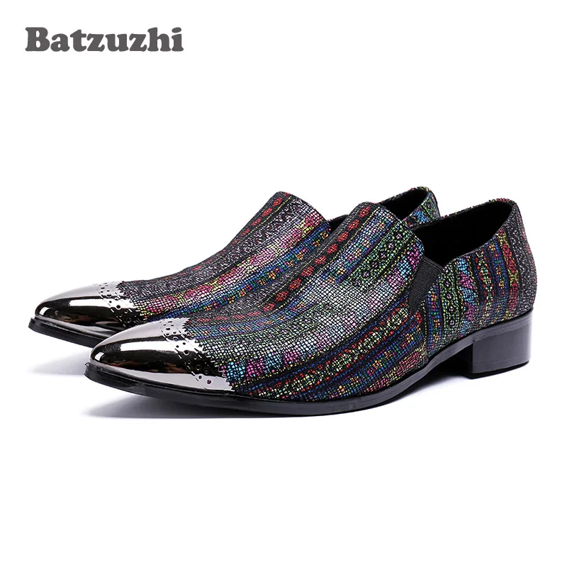 

Batzuzhi Italian Luxury Men Shoes Pointed Metal Tip Color Crystal Leather Men Dress Shoes Oxfords Flats Male Zapatos Hombre!