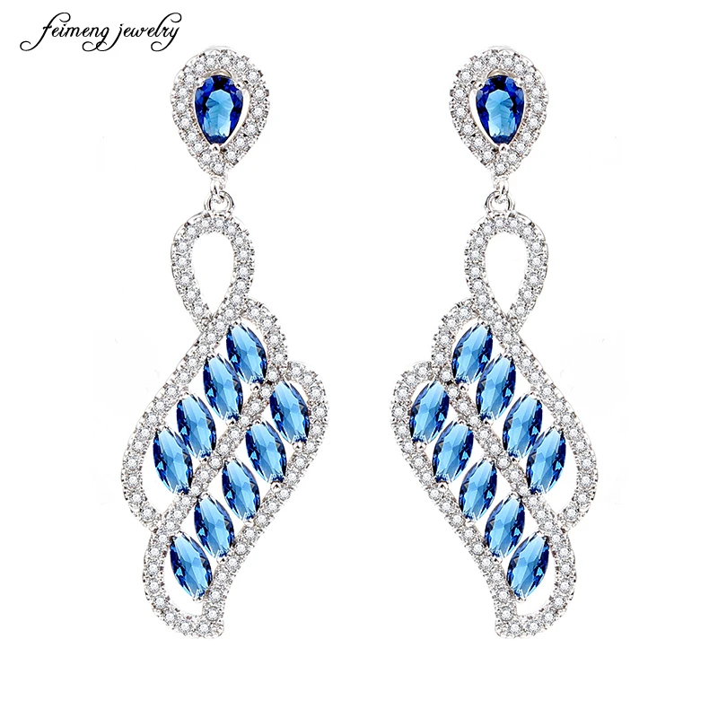 

Luxury Royal Right And Left Asymmetric Design Women Party Jewelry Big Marquise Long Drop Cubic Zirconia Horse eye Blue Earrings