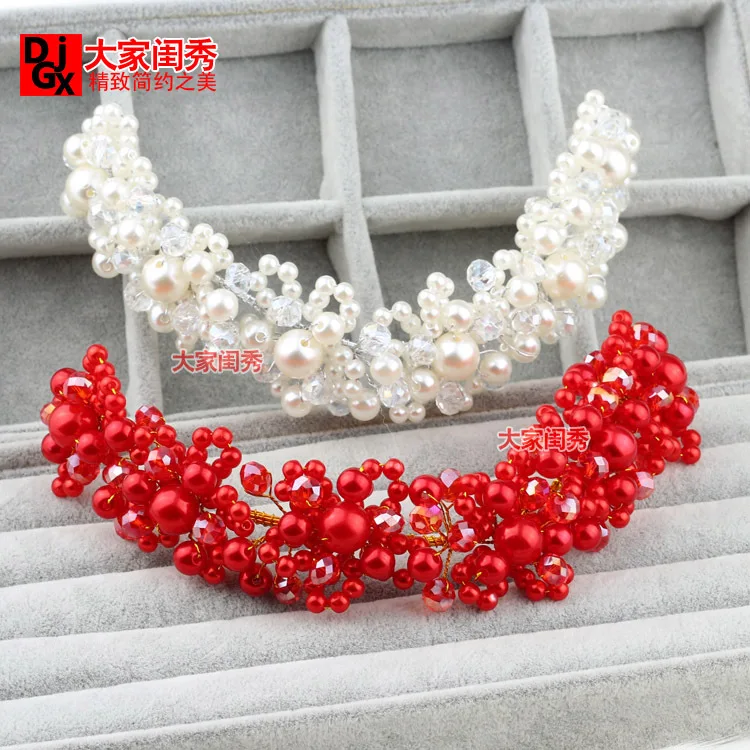 

Original Korean wedding headdress handmade pearl beads bendable tiara bridal hair accessories hand-beaded hair jewelry red