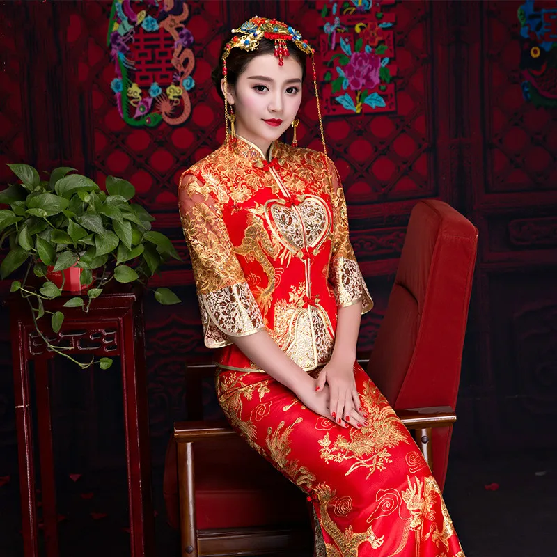 Китайское свадебное длинное платье Cheongsam красного рыбий хвост старинное длинное тонкое платье элегантное платье с коротким рукавом дракон феникс Qipao S-2XL