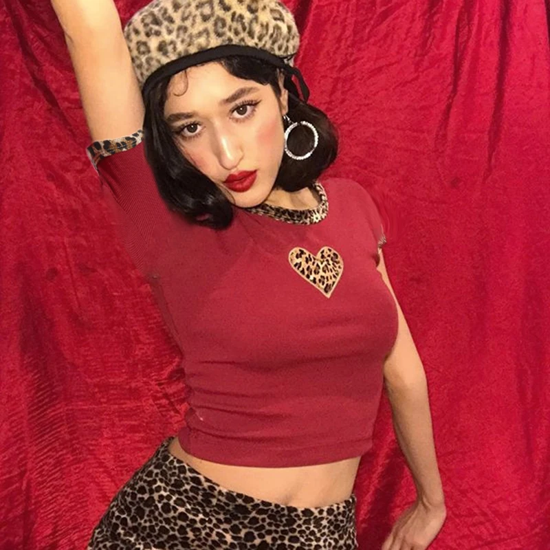 Sweetown/Новинка года; милая верхняя футболка в стиле пэчворк с леопардовым принтом; красные летние топы с круглым вырезом и короткими рукавами в винтажном стиле; Kawaii; уличная одежда