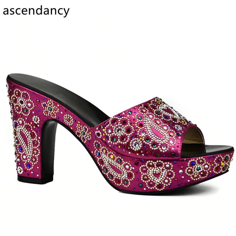 

New Arrival Fuchsia Color African Wedding Women Shoes Larges Size 43 Italy Design Elegant Women Party Shoes Summer Slippers Shoe