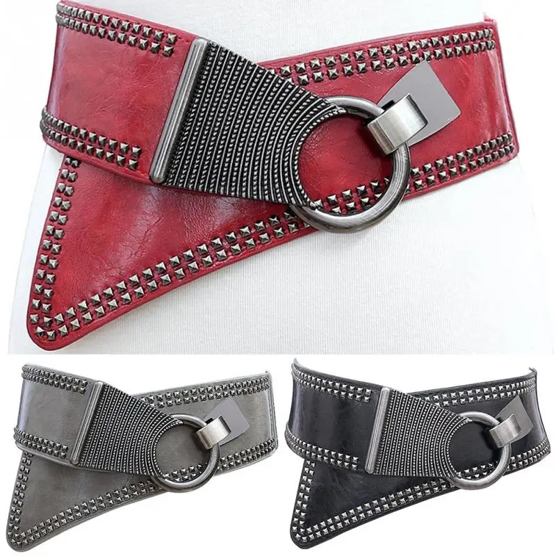 

Fashion Punk Rocker Wide Belts for Women Elastic Wide European Style Women Belts Metal Round Buckle