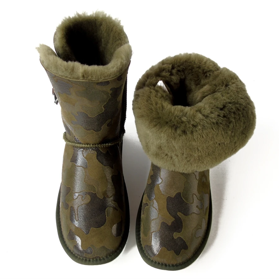 Зимние ботинки из овечьей кожи; ботинки до середины икры из натуральной кожи с пуговицами со стразами; шерстяные ботинки на плоской нескользящей подошве; камуфляжная женская обувь