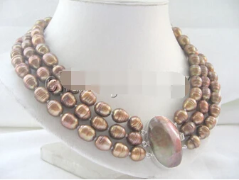 

Jewelr 005141 3row 10-12mm coffee baroque rice freshwater pearl necklace-Mabe shell
