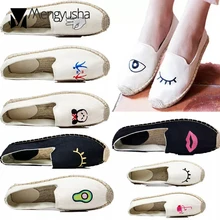 Женские футболки с принтом в виде вышивкой парусиновая обувь с классными большими глазами ресниц слипоны; женская обувь на плоской подошве плетеная, из соломы; обувь на толстой резине; туфли без задника mocasin Hombre/c589