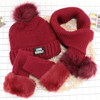 

1 Set Female Winter Wool Knit Warm Hat +collar Gloves Sets Plus Padded Earmuffs Cycling Beanies Scarf Glove Suits Girls Cap