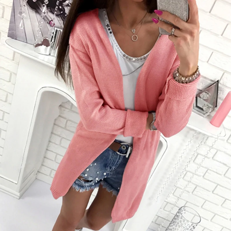 Womens Long Sleeve Knitted Sweater Lady Solid Loose Casual Holiday Cardigan Coat