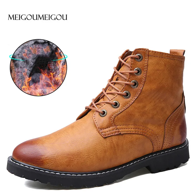 

MEIGOUMEIGOU Big Size 38-46 Men's Boots Waterproof Dr Martins Warm Plush Men's Winter Boots Durable Outsole Cowboy Boots Mens