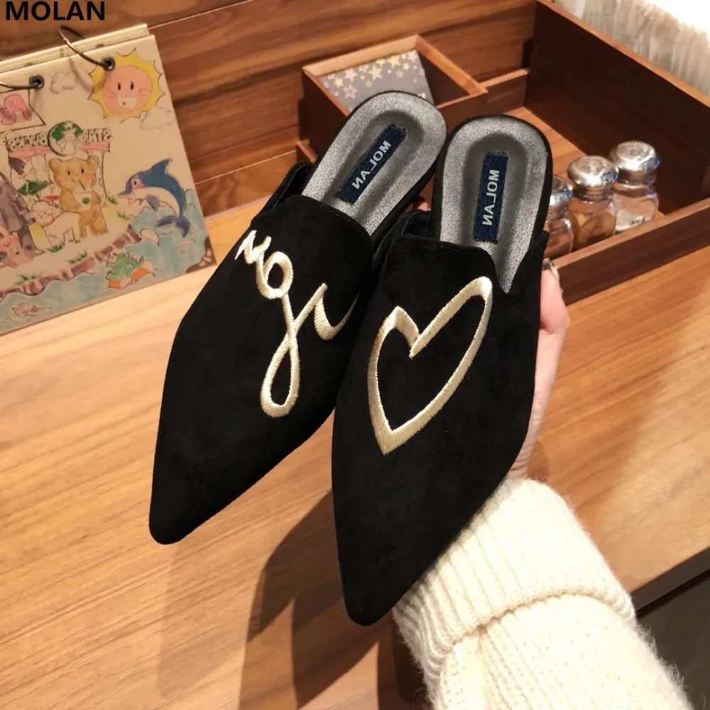 

MOLAN Brand Designers 2019 Spring Embroidery Woman Pointed Shoes Flocked Flat Slides Slip On Loafers Mules Flip Flops Casual