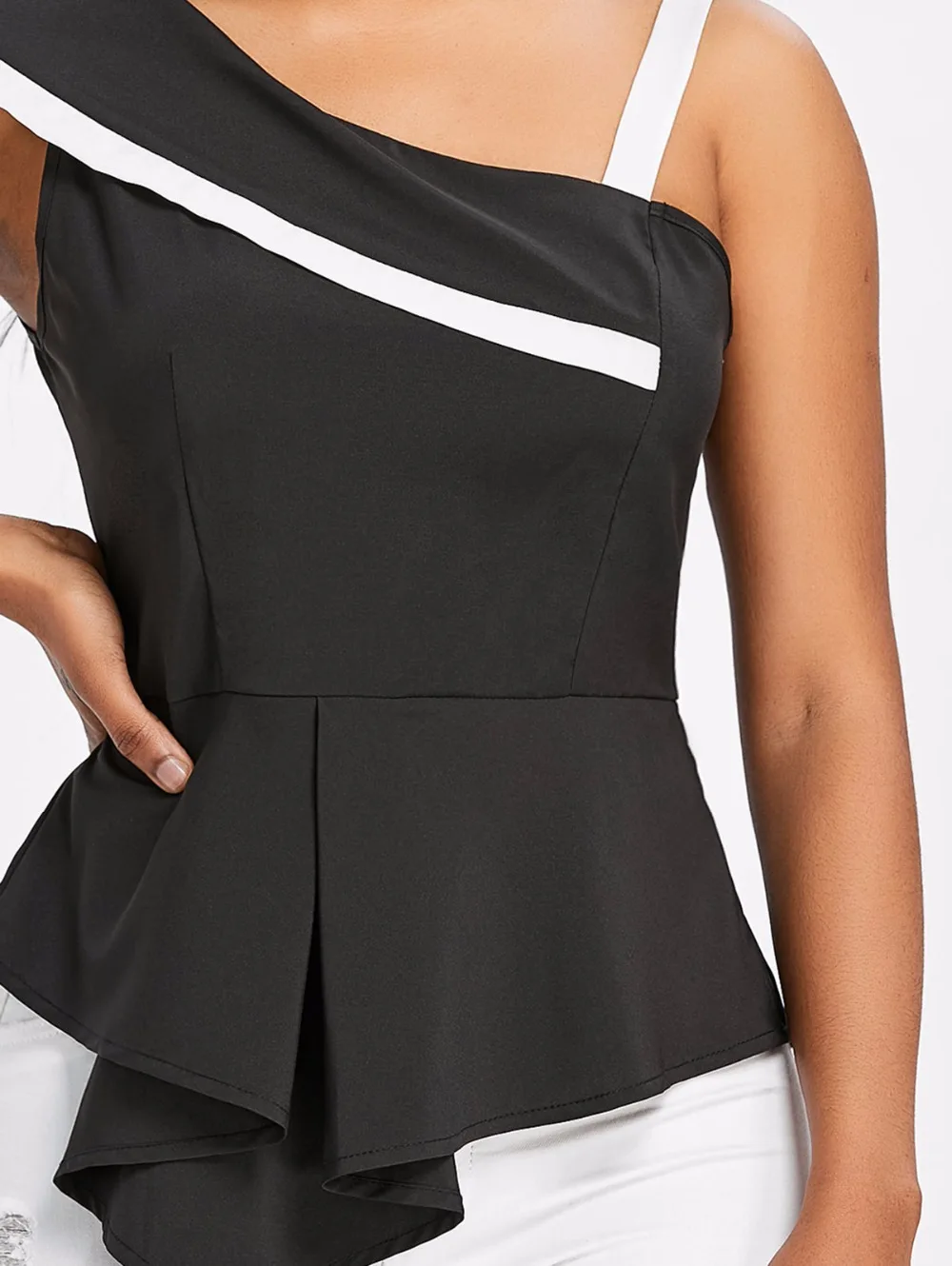 VESTLINDA One Shoulder Skew Neck Peplum Asymmetrical Black Blouse Womens Tops and Blouses Summer Top 2018 Clothes Blouse Shirt 13