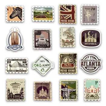 

50 PCS/Pack Retro Stamp Sticker Travel Historical Building Postmark Stickers for DIY Luggage Laptop Travel Case Guitar Fridge