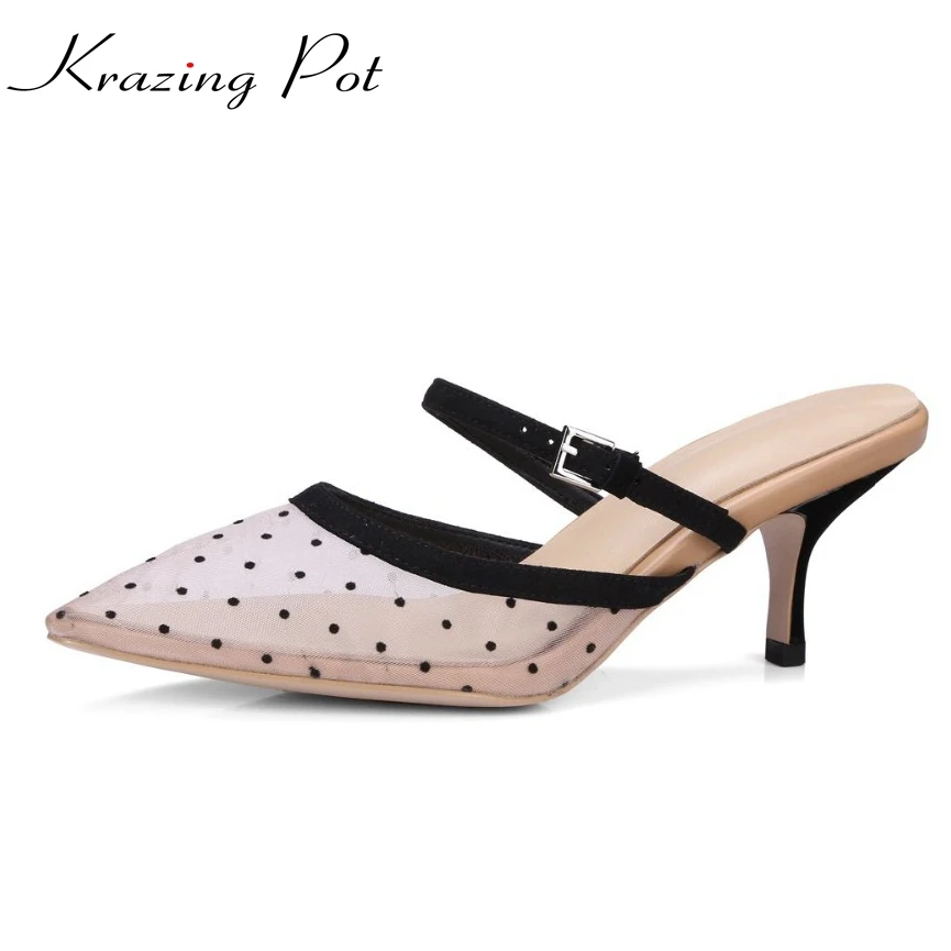 

Krazing Pot sheep skin air mesh pointed toe wave point slip on stiletto thin high heel sandals women summer beauty lady pumps L