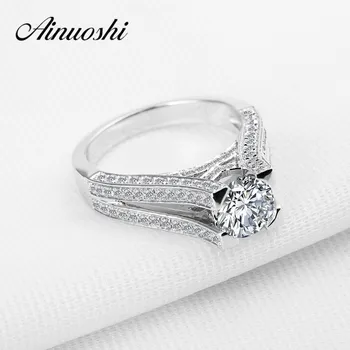 

AINOUSHI Luxury Wedding Ring 1 Carat Sona Round Cut High Setting Ring Genuine 925 Sterling Silver Ring for Women Engagement Love