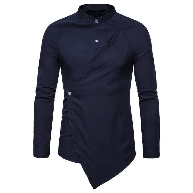 Laamei 2019 العلامة التجارية زر منحرف غير النظامية طويلة الأكمام قميص الرجال المألوف بلون قميص عارضة ضئيلة الذكور الملابس