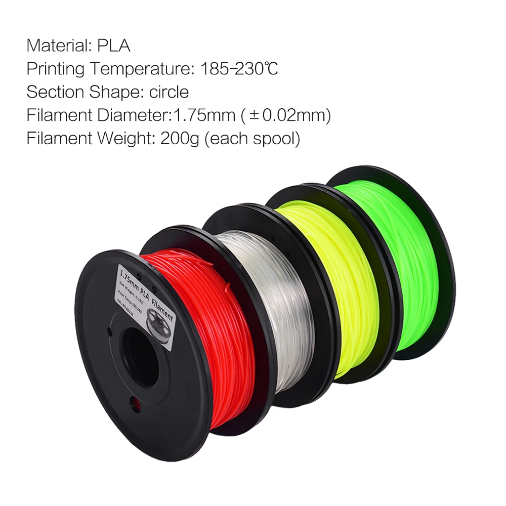 3D Printing PLA Filament 1.75mm No Clogging High Tenacity Dimensional Accuracy Filaments Consmables 200g/ Spool Pack of 4 Colors