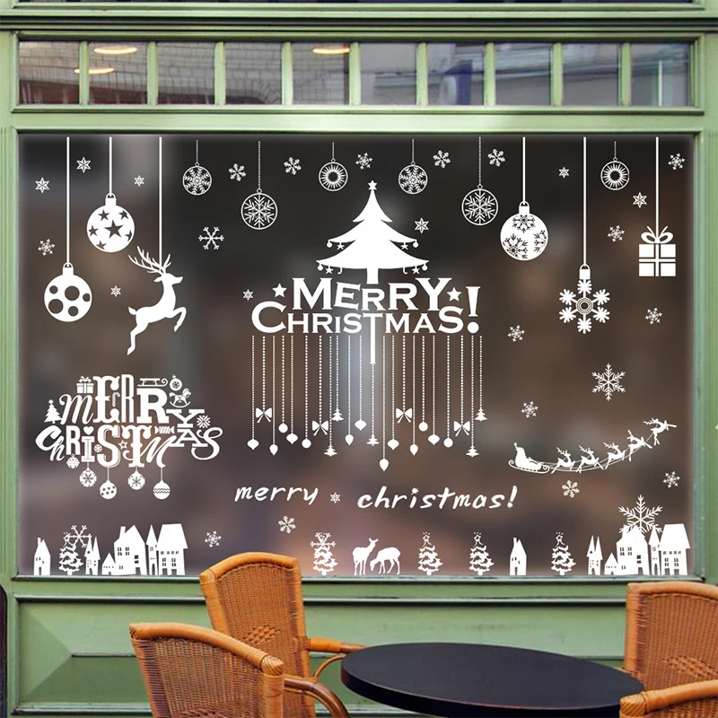 

Merry Christmas Tree Snowman Sock deer Wall Stickers Christian Home Decoration DIY PVC Shop Window Reindeer Festival Mural