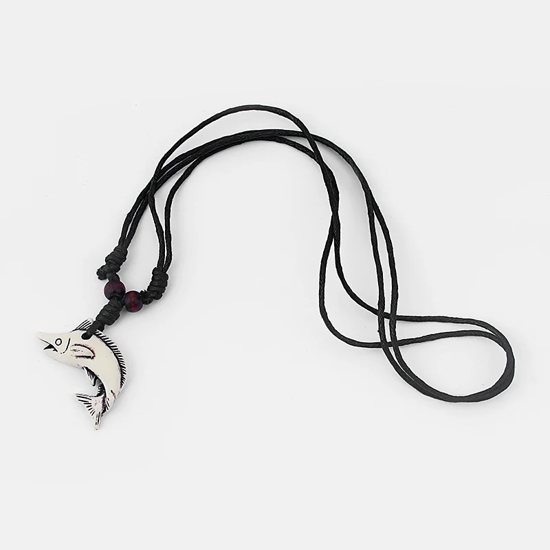 12Pcs Black Wax Cotton Cord Tribal Yak Bone Resin Carved Small Shark Fish Pattern Pendant Necklace