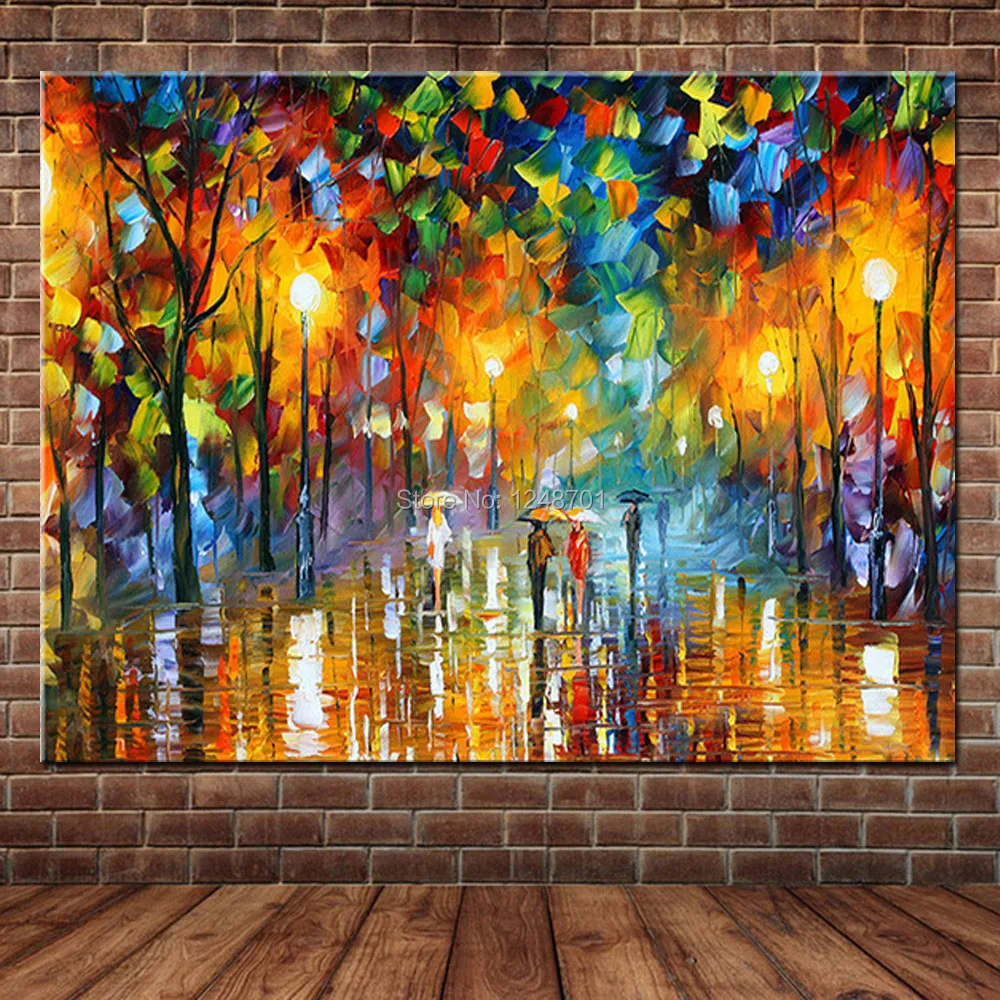 Large Handpainted Lover Rain Street Tree Lamp Landscape Oil Painting On Canvas Wall Art Pictures For Living Room Home Decor | Дом и сад