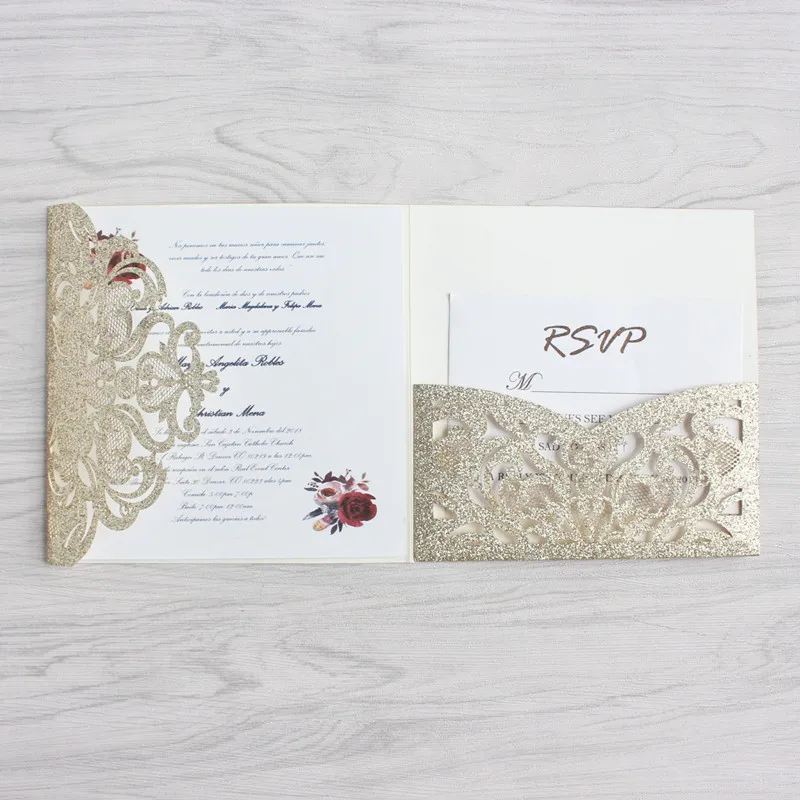 Luxury golden wedding invitation set with RSVP envelop belly band tri-fold pocket invites wedding decoration supply free ship