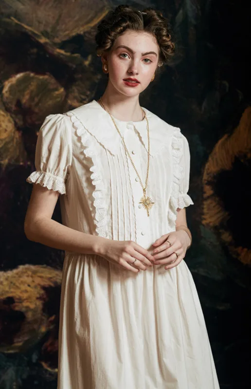 

Woman Summer Dress Cotton Nightgown Elegant Nightdress Short Sleeve Nightgowns European Medieval Style Ladies Dress