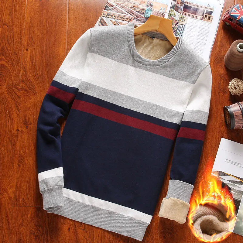 

2018 Winter Mens Fleece Sweater Winter Fashion O Neck Striped Slim Fit Cotton Knitting Casual Pullovers Men Sweaters 4XL YA1602A