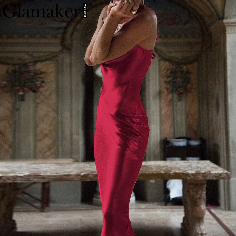 Glamaker, Золотое сатиновое сексуальное платье на шнуровке, женское Модное Длинное Платье с открытой спиной для вечеринки, элегантное мягкое платье макси в стиле ретро для ночного клуба