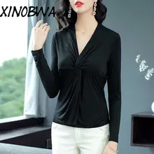 Европа осень г. для женщин High street fashion свободные Sexy V средства ухода за кожей Шеи Черный модал футболка Топы корректирующие женские элегантны