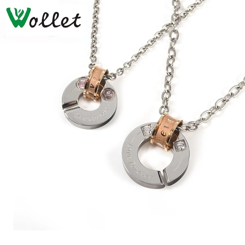 

Wollet Couple Pendant Necklace for Lovers Women Men CZ Stone Stainless Steel For Valentine's Day Double Round Nano Germanium