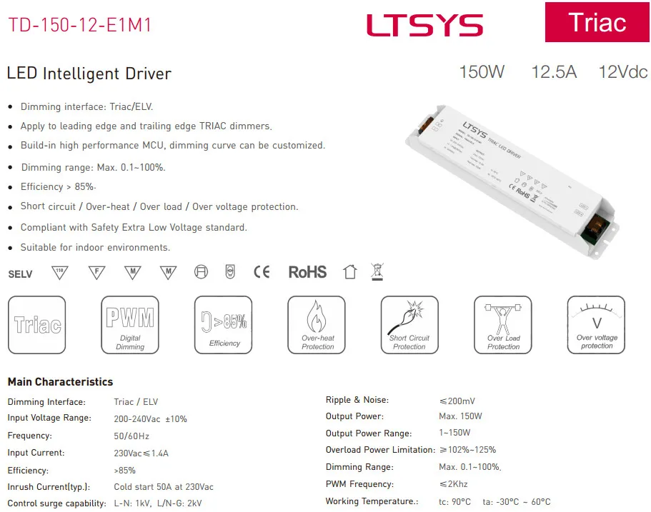 Новый ltech TD-150-12-E1M1; 100-240 В вход, выход 150 Вт 12VDC постоянное напряжение triac затемнения светодиодный ТРИАК драйвера push DIM