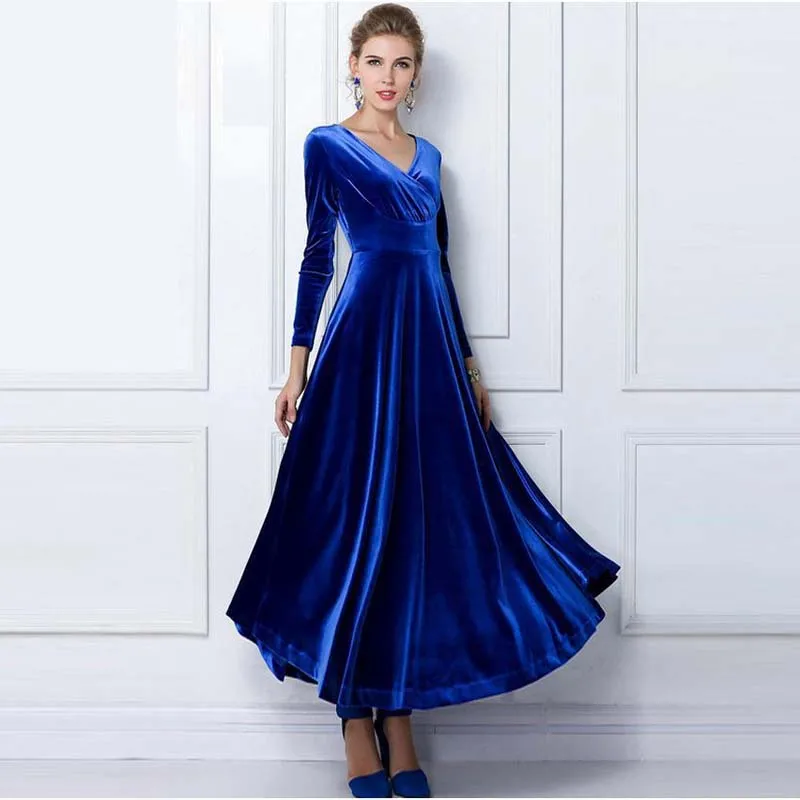 

Spring Autumn Fashion Women Elegant Long Dress Thin Pleuche Long Sleeve V-Neck Big Pendulum Dresses 5 Colors Plus Size XXXL