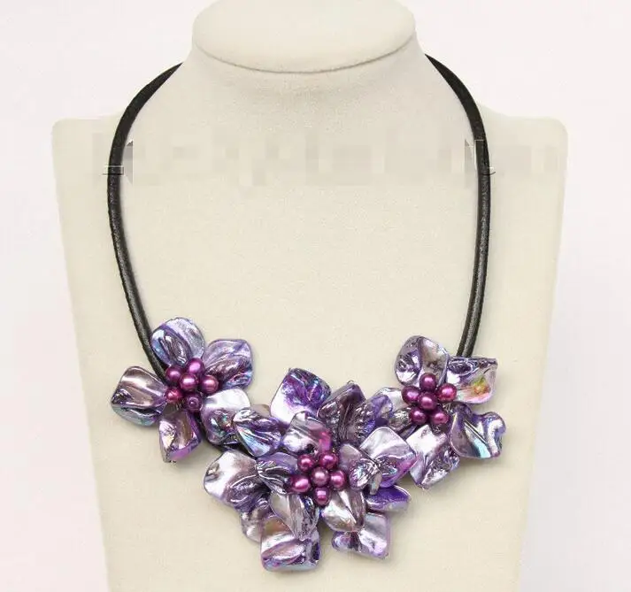 

FREE SHIPPING HOT sell new Style >>>>> baroque handcraft bloom purple seashell pearls choker leather necklace j9823
