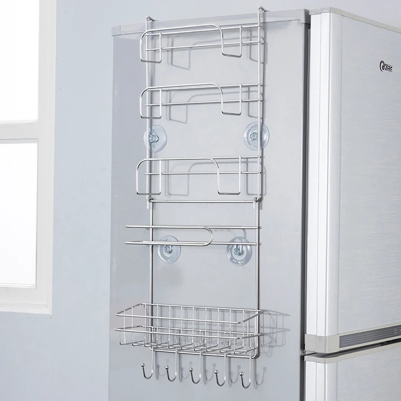 ORZ Fridge Organizer Stainless Steel Kitchen Storage Rack Fridge Side Shelf Storage Hooks Kitchen Accessories Organizer Holder