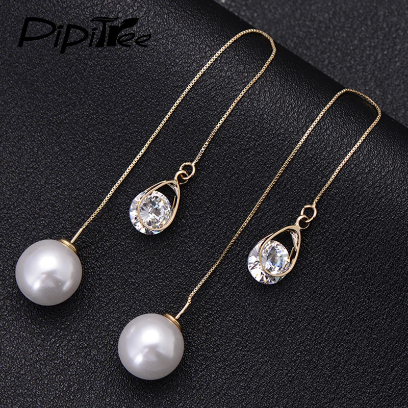 

Pipitree 2017 Bar Round Cubic Zirconia Long Drop/Dangle Earrings For Women Fashion Gold Color Line Chain Earrings Jewelry
