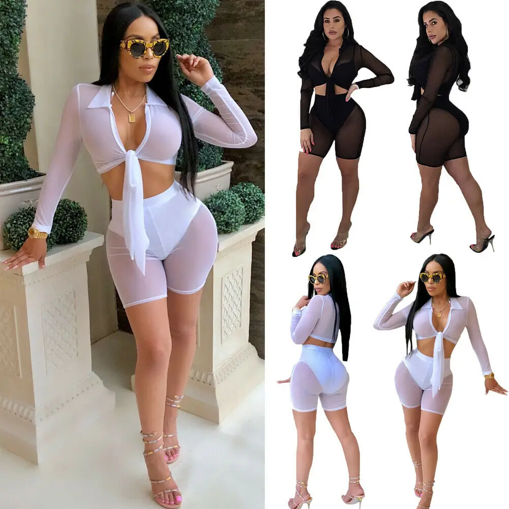 

2Pcs/Set Sexy Women Front Tie Summer See-through Perspective Mesh Stretch Beach Style Tops Shorts