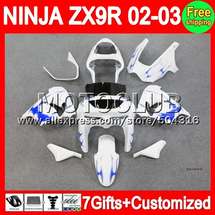 

7gifts+Body For KAWASAKI NINJA Blue flames ZX9R 02-03 02 03 ZX-9R ZX 9R 9 R C1825 ZX9 R 02 03 2002 2003 blue white Fairing