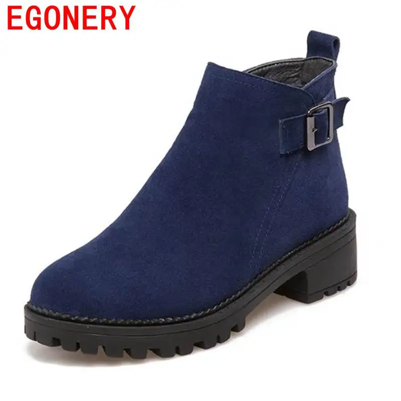 Image EGONERY ankle boots 2017 driving buckle decoration women side zipper skid resistance round toe fashion breathable winter shoes