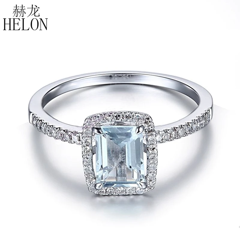 

HELON Solid 14K/585 White Gold Emerald Cut 0.8ct Aquamarine Natural Diamonds Engagement Wedding Gemstone Women Fine Jewelry Ring