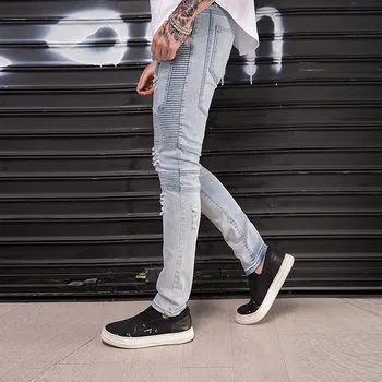 

Top quality 2020 Fashion Casual Slim hip hop Ripped hole jeans men's splicing elastic Pleated locomotive biker jeans trousers
