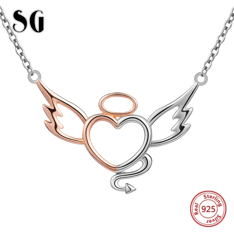 

925 Sterling Silver Chain Fine Jewelry silver colour love Angel wings Demonic tail Necklaces & Pendants for jewelry making