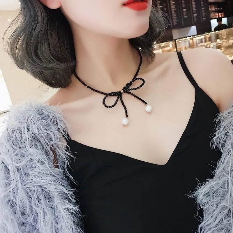 Модные ожерелья и кулоны для женщин Collier Femme, Винтажное колье с бантом и черным бисером для женщин, Жемчужное ювелирное изделие, подарок