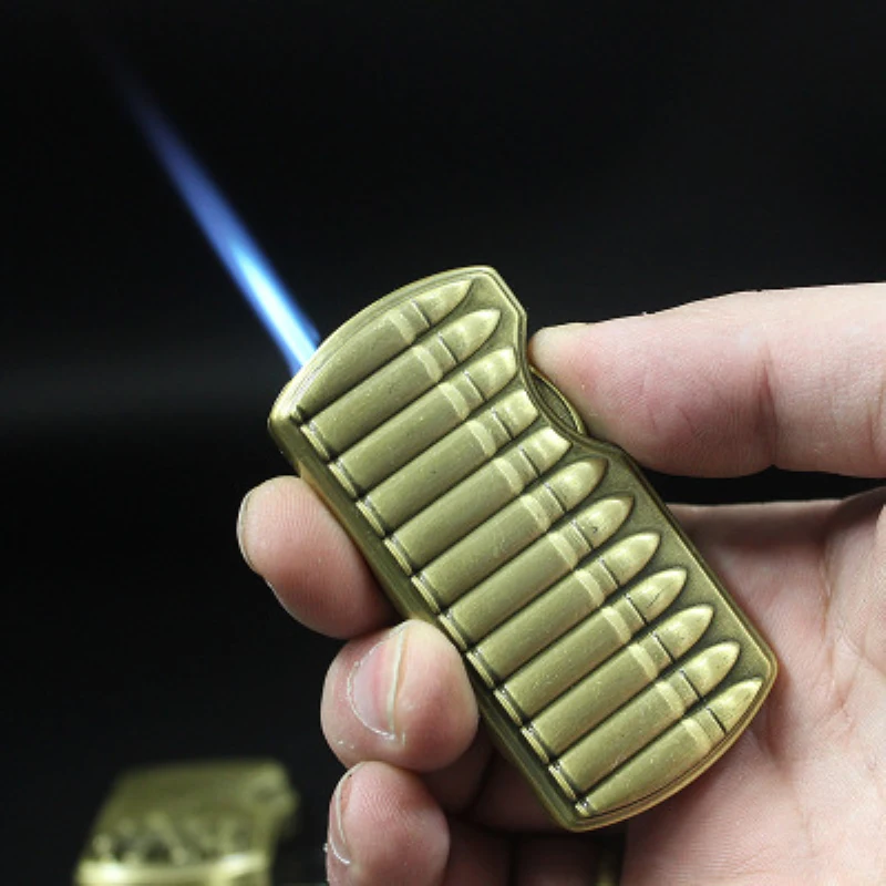 

Retro Bronze Relief Metal Lighters Cannon Bullet Pattern Refillable Gas Straight Fire Cigarette Lighter Windproof Men Gifts