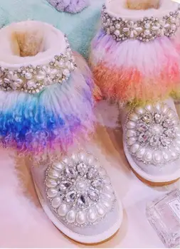 

2019 autumn and winter new heavy-duty diamond beach wool colorful sheep fur one tube flat female cotton shoes snow boots