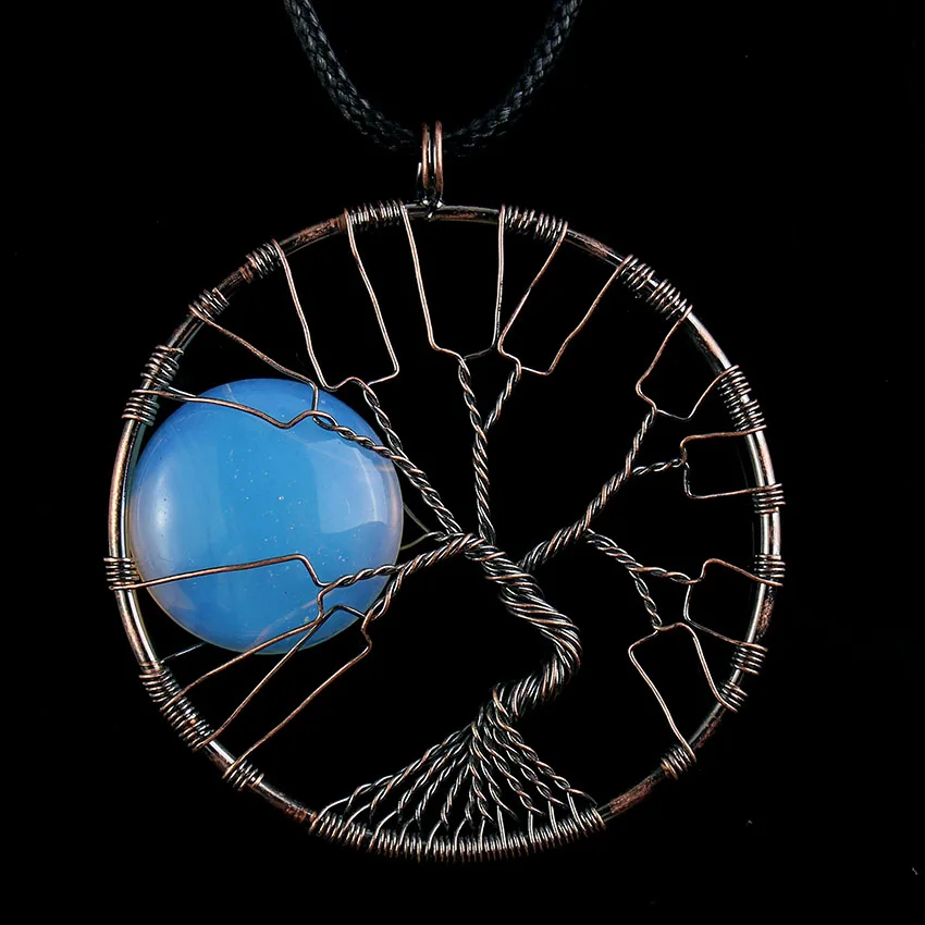 

100-Unique 1 Pcs New Design Copper Wire Wrap Tree of Life Opalite Opal Chakra Pendant Rope Chain Necklace