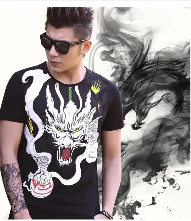3D Dragon Totem Print T-shirt Mens Short Sleeve High Street Casual T Shirt Stretch Cotton Slim Fit Tops Tee Quality | Мужская одежда