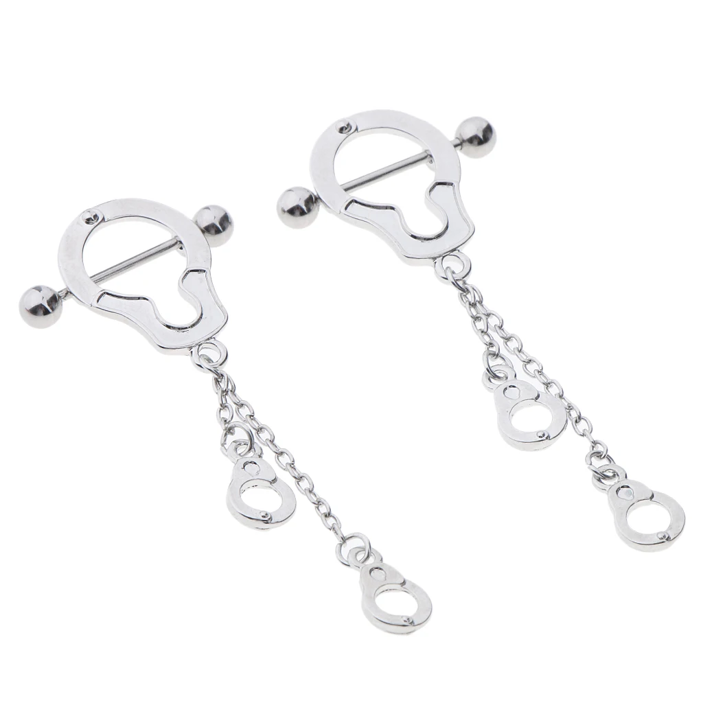 Pair of Stainless Steel Nipple Ring Shield Handcuffs Barbell Body Piercing Jewelry