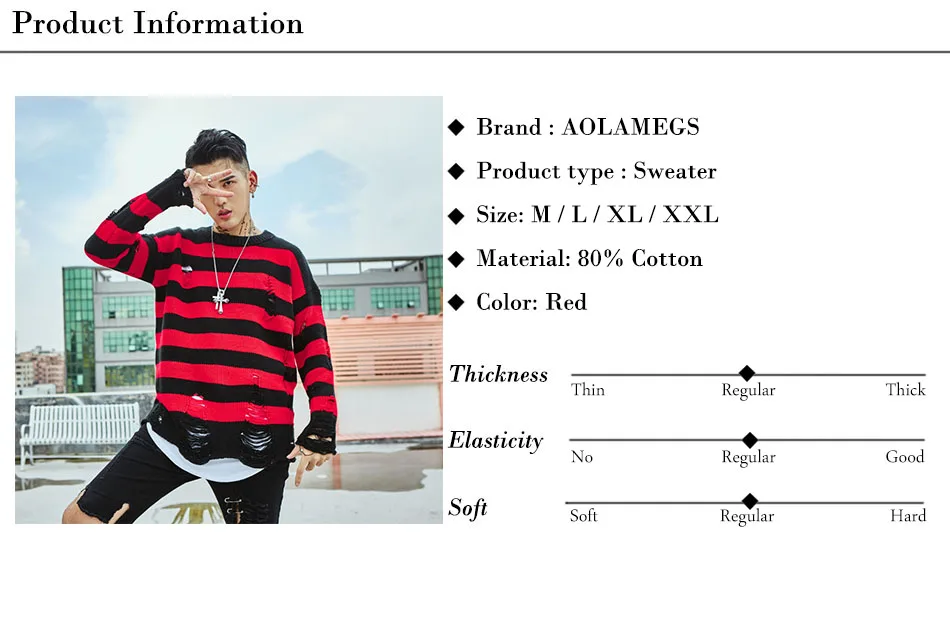 Aolamegs мужской свитер, полосатые толстовки с дырками, пуловер, модный длинный рукав, уличная одежда, повседневная Осенняя, бренд