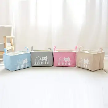 

1PC Cartoon Cat Imitation Linen Storage Basket With Bundle Pocket Liner, Home Use Foldable Organzier With Handle