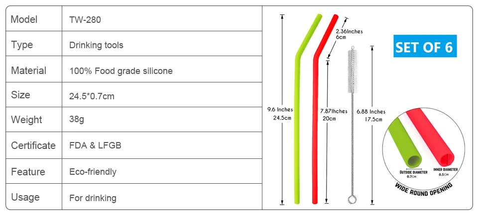 TEENRA 6 шт. диаметр 7 мм многоразовые силиконовые соломинки пищевой силиконовые соломинки для питья с чистящей щеткой вечерние соломинки BPA бесплатно
