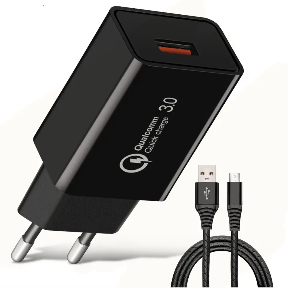 ESSIEN 18 Вт быстрое зарядное устройство 3,0 ЕС вилка для мобильного телефона микро USB быстрое зарядное устройство USB адаптер настенное зарядное устройство микро USB кабель для планшетов - Тип штекера: Black-1m Black Cable